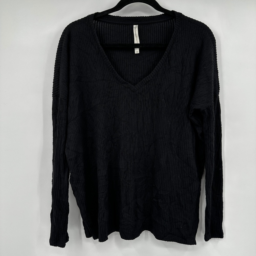 The Group Babaton Womens Black Ribbed V-Neck Long Sleeve Knit Top Size Large‎